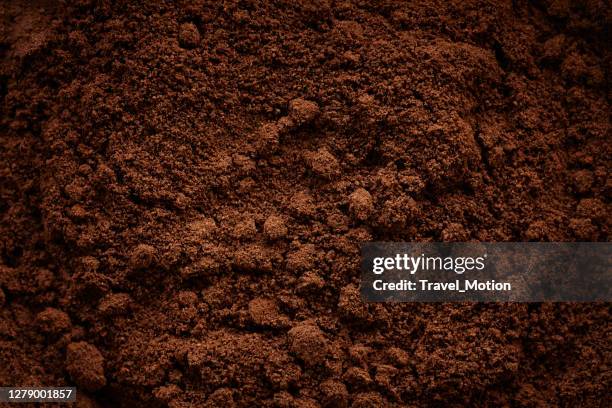 top view close-up of grinded coffee beans - agriculture background stock pictures, royalty-free photos & images