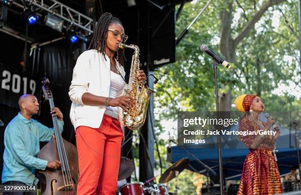 American Jazz musician Lakecia Benjamin plays alto saxophone as she performs onstage, with her quintet, during the 27th Annual Charlie Parker Jazz...