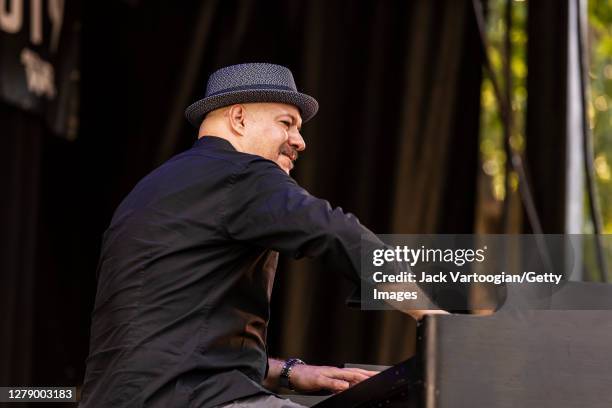 American Jazz musician Brian Charette plays organ as he performs onstage during the 27th Annual Charlie Parker Jazz Festival in Tompkins Square Park,...