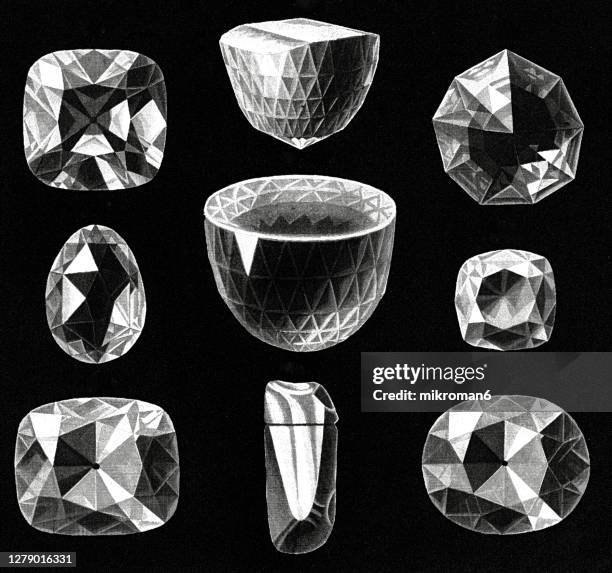 antique illustration of the largest and most famous diamonds (great mogul, the orlov, koh-i-noor) - diamantvorm stockfoto's en -beelden