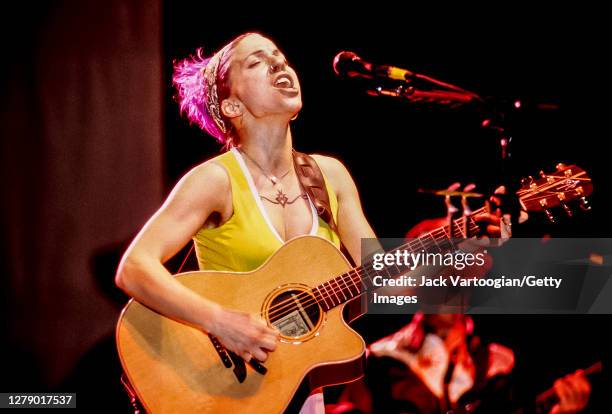 American Folk and Rock musician Ani DiFranco plays guitar as she performs onstage during a benefit concert for Central Park SummerStage at Central...