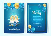 Celebration of 60th years birthday vector invitation card. Sixty years anniversary celebration brochure. Template of invitational for print on blue background
