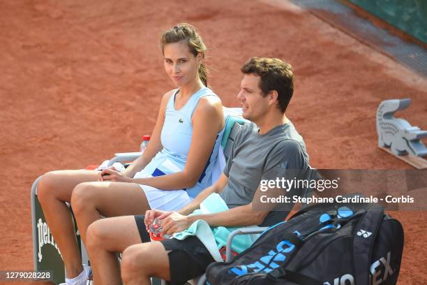 Ophélie Meunier and Paul-Henri Mathieu attend the "Stars, Set et Match" tournament at Roland Garros on October 07, 2020 in Paris, France.