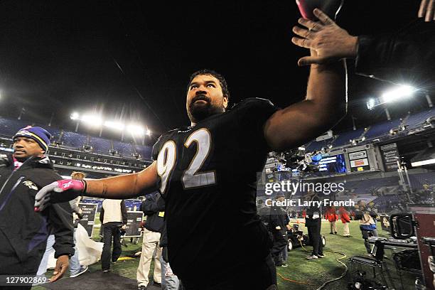 Haloti Ngata of the Baltimore Ravens waves to the crowd after the game against the New York Jets at M&T Bank Stadium on October 2. 2011 in Baltimore,...