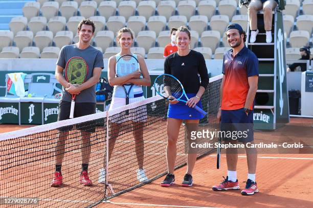 Paul-Henri Mathieu, Ophélie Meunier, Pauline Parmentier and Amir attend the "Stars, Set et Match" tournament at Roland Garros on October 07, 2020 in...