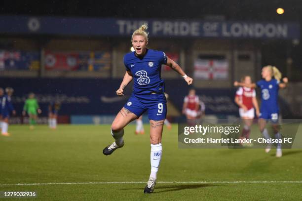 Bethany England of Chelsea celebrates after scoring her team's fourth goal during the FA Women's Continental League Cup match between Chelsea and...