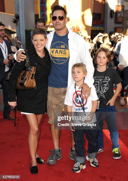 Adrian Pasdar, Natalie Maines and Family attends the "Real Steel" Los Angeles Premiere at Gibson Amphitheatre on October 2, 2011 in Universal City,...