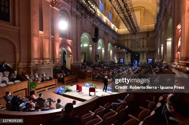 Italian physicist Carlo Rovelli presents his latest book "Helgoland" at Aula Magna Santa Lucia of University of Bologna, Alma Mater Studiorum on...