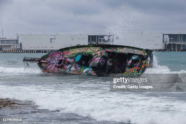 Boat is aground near the beach after Hurricane Delta caused damages in Cozumel on October 07, 2020 in Cozumel, Mexico. Hurricane Delta reached...