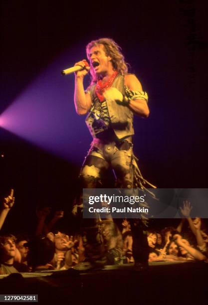 American Rock musician David Lee Roth, of the group Van Halen, performs onstage at the Jacksonville Coliseum, Jacksonville, Florida, January 18, 1984.