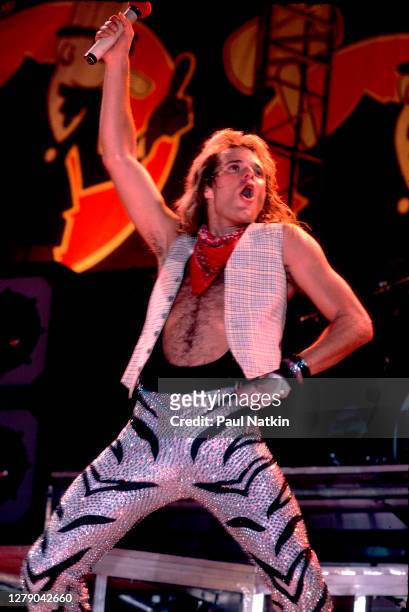 American Rock musician David Lee Roth, of the group Van Halen, performs onstage at the Jacksonville Coliseum, Jacksonville, Florida, January 18, 1984.