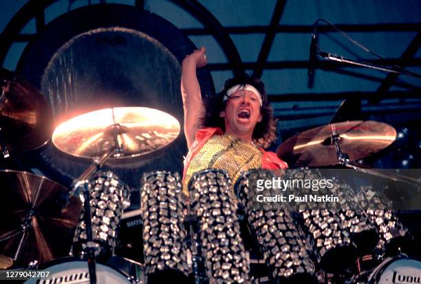 Dutch-born American Rock musician Alex Van Halen, of the group Van Halen, performs onstage at the Jacksonville Coliseum, Jacksonville, Florida,...