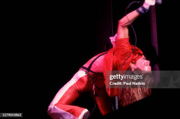 American Rock musician David Lee Roth, of the group Van Halen, performs onstage at the Aragon Ballroom, Chicago, Illinois, March 4, 1978.
