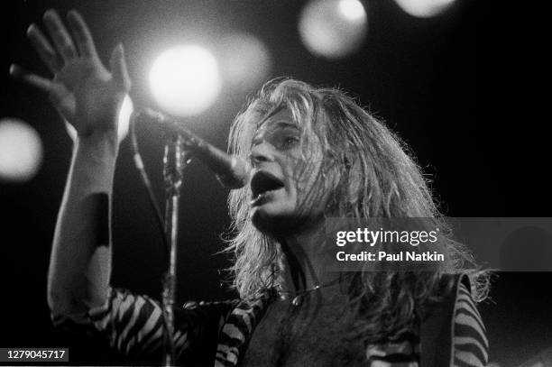 American Rock musician David Lee Roth, of the group Van Halen, performs onstage at the Aragon Ballroom, Chicago, Illinois, April 26, 1979.