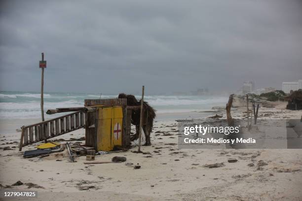 Debris is seen on Playa Delfines after being hit by Hurricane Delta on October 7, 2020 in Cancun, Mexico. Hurricane Delta reached the Mexican east...