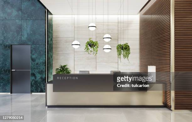 modern offices lobby interior area with elevators and stairs and with long reception desk - hotel stock pictures, royalty-free photos & images
