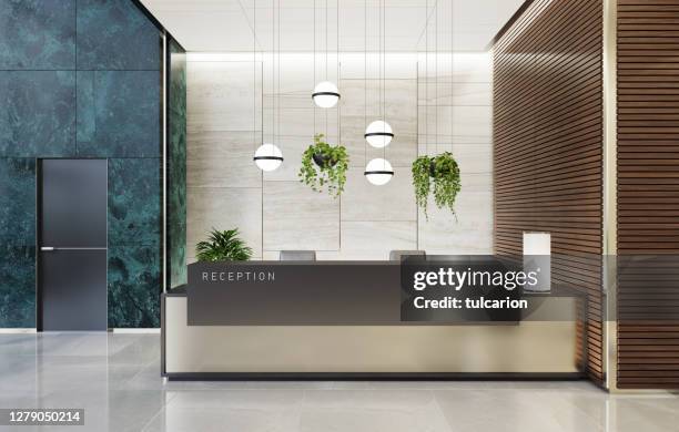 modern offices lobby interior area with elevators and stairs and with long reception desk - hotel lobby imagens e fotografias de stock