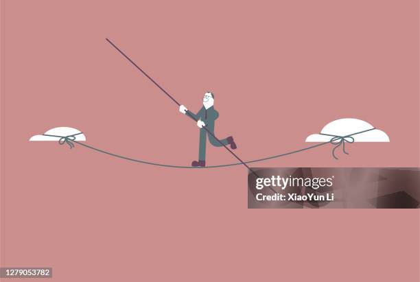 a man walks a tightrope in the clouds. - nervous performer stock illustrations