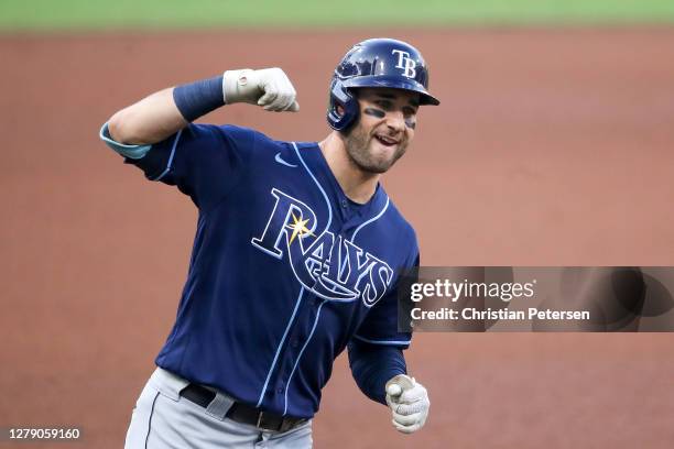 Kevin Kiermaier of the Tampa Bay Rays celebrates after hitting a three run home run against the New York Yankees during the fourth inning in Game...