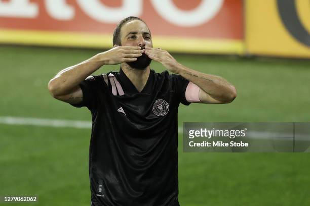 Gonzalo Higuain of the Inter Miami celebrates his goal in the 81st minute against the New York Red Bulls at Red Bull Arena on October 07, 2020 in...