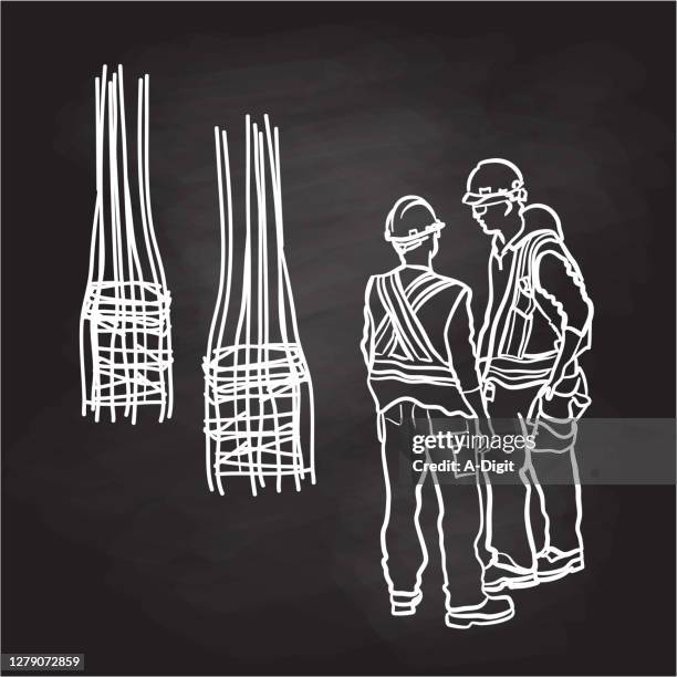 construction workers having a talk chalkboard - construction workers talking stock illustrations