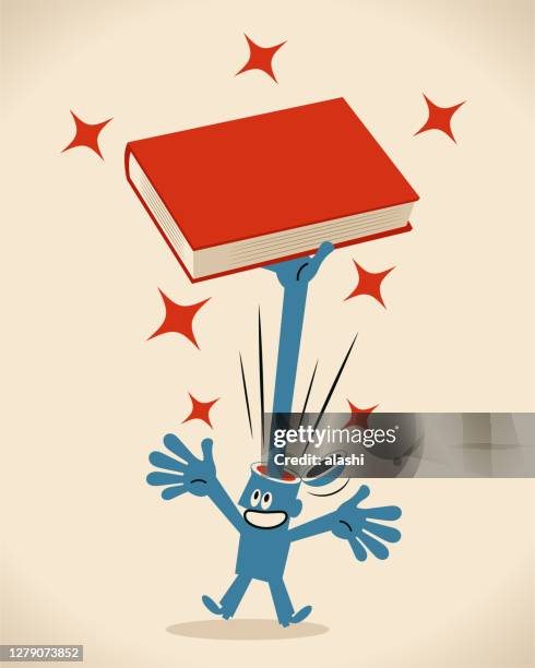blauer mann kopf öffnet und streckt eine hand mit einem buch - reiseführer nachschlagwerk stock-grafiken, -clipart, -cartoons und -symbole