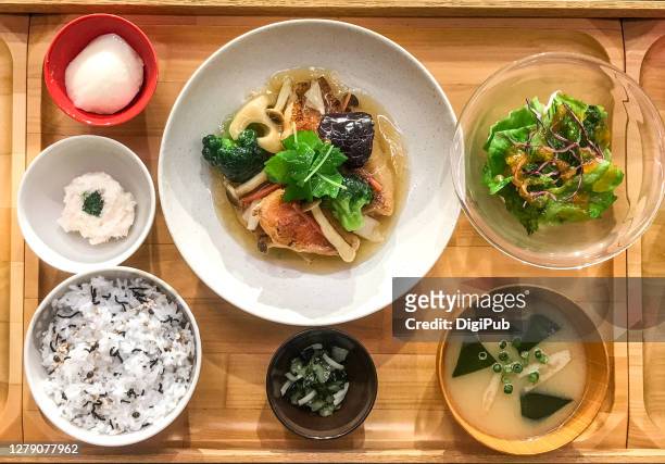 fish teishoku food model - miso sauce stockfoto's en -beelden