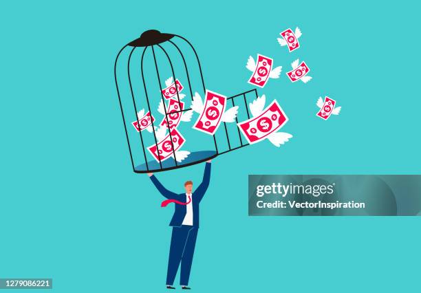 businessman holding open cage with money flying out, concept of financial freedom and loss - trapped bird stock illustrations