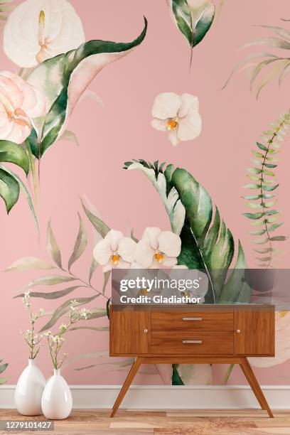 empty wall background with console table and decoration on tropical wallpaper background - flower wall stock pictures, royalty-free photos & images