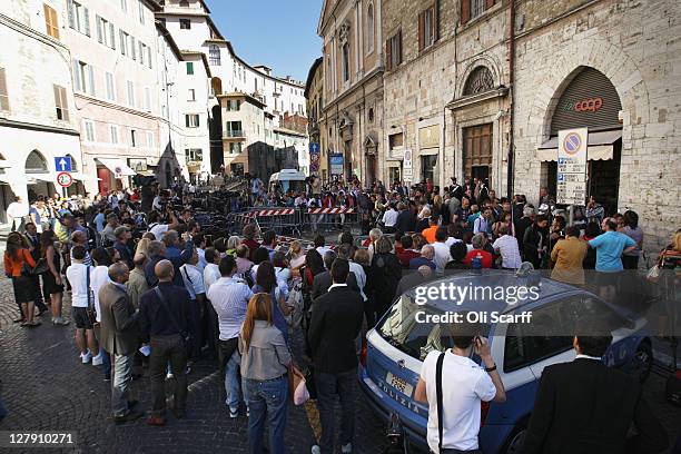 Lawyers read statements to the media and public outside Perugia's Court of Appeal prior to the verdict in the appeal of Amanda Knox and Raffaele...