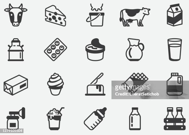 milk and dairy products pixel perfect icons - dairy farming stock illustrations
