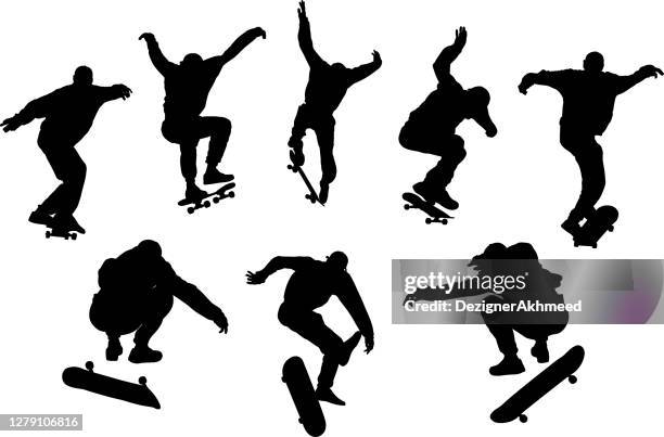 set of vector images of skateboarder performing tricks - skating stock illustrations