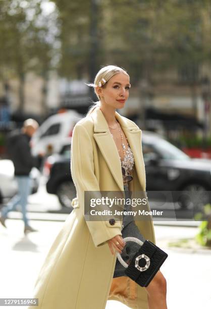 Leonie Hanne seen wearing a complete Miu Miu look outside Miu Miu during Paris Fashion Week - Womenswear Spring Summer 2021 : Day Nine on October 06,...