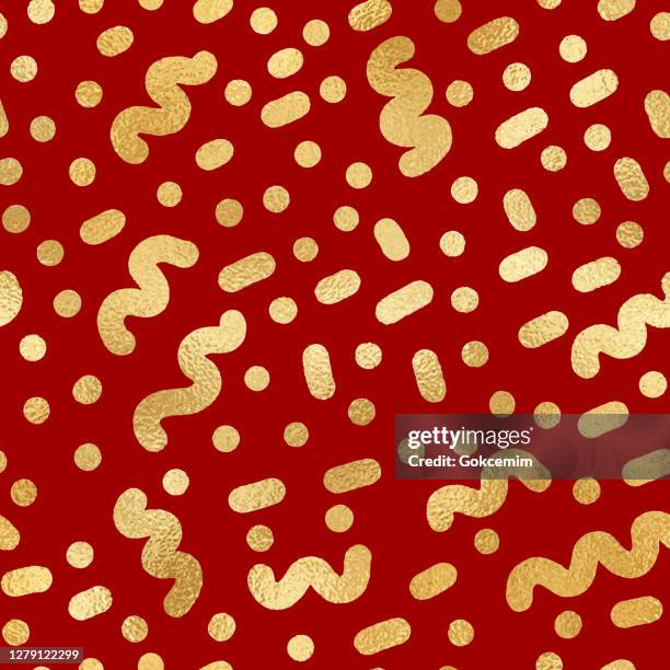 gold foil confetti seamless pattern background. geometric abstract vector pattern tile. repeating banner design metallic golden texture for cards, party invitation, packaging, surface design. - gold foil stock illustrations