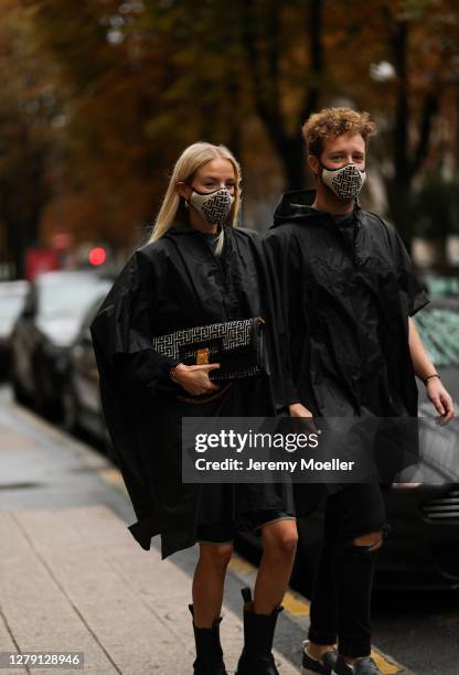 Leonie Hanne and Alex Galievsky seen wearing during Paris Fashion Week - Womenswear Spring Summer 2021 : Day Nine on October 06, 2020 in Paris,...