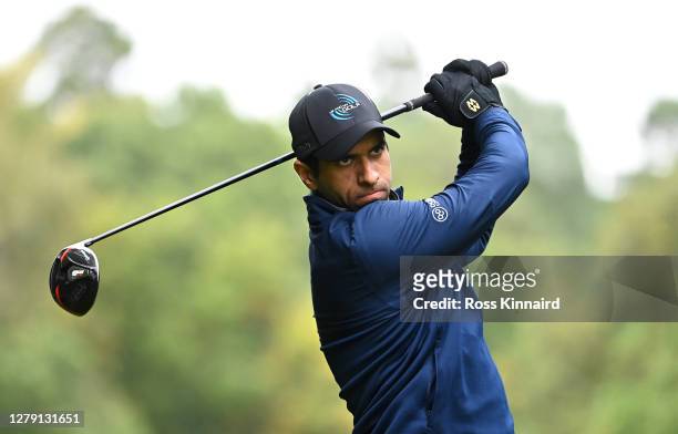 Aaron Rai of England tees off on the 4th hole during Day One of the BMW PGA Championship at Wentworth Golf Club on October 08, 2020 in Virginia...