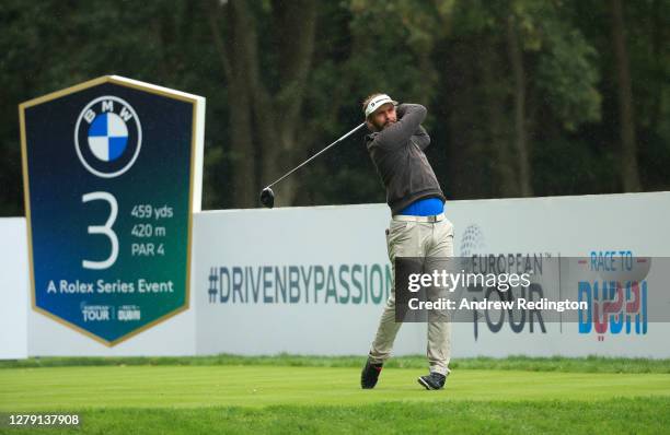 Joost Luiten of The Netherlands tees off on the 3rd hole during Day One of the BMW PGA Championship at Wentworth Golf Club on October 08, 2020 in...