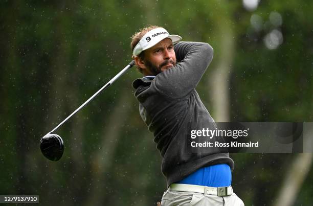 Joost Luiten of The Netherlands tees off on the 3rd hole during Day One of the BMW PGA Championship at Wentworth Golf Club on October 08, 2020 in...