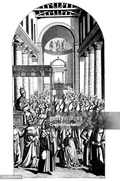 enea silvio piccolomini is elected pope ,a mural by pinturicchio in the library of the siena cathedral - italy election stock illustrations