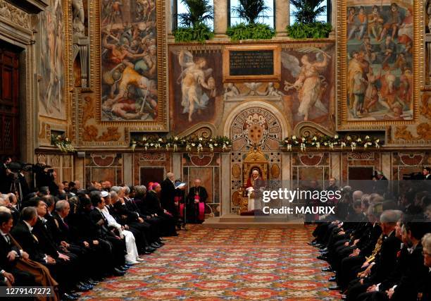 Pope Benedict XVI attends an audience with ambassadors to the Holy See on the occasion of the annual speech to Vatican-based diplomats at the Regia...