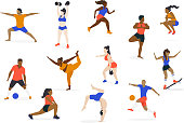 Set of Multicultural Athletes and Healthy Active People doing yoga, running, jumping, stretching, playing soccer, lifting weights and skateboarding - Diversity Character Concept