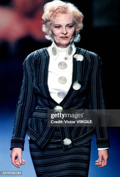 Fashion designer Vivienne Westwood walks the runway during the Vivienne Westwood Ready to Wear Spring/Summer 1999 fashion show as part of the Paris...