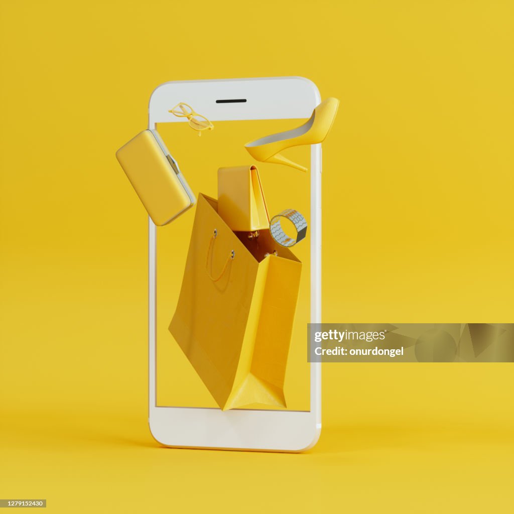 Online-Shopping am Smartphone mit fliegender gelber Brieftasche, Clutch-Tasche und Schuhhintergrund