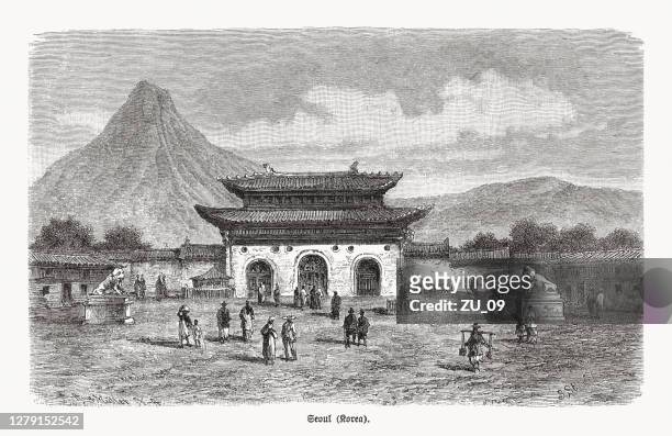 gate of the gyeongbok palace, seoul, korea, woodcut, published 1893 - gyeongbokgung stock illustrations