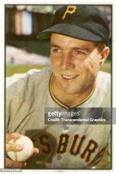 Bubblegum card features baseball player Bob Friend, of the Pittsburgh Pirates, as he poses at the Polo Grounds, New York, New York, 1953.