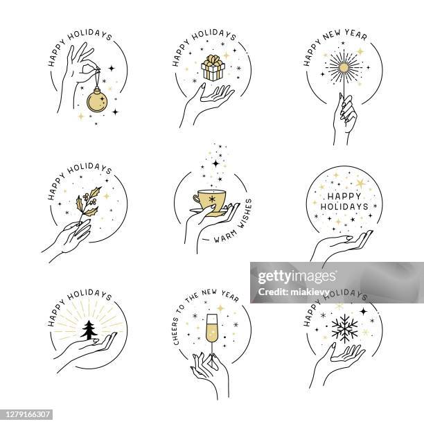 ilustrações de stock, clip art, desenhos animados e ícones de happy holidays greetings set - celebratory toast