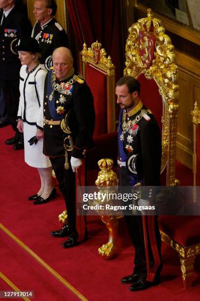 Queen Sonja of Norway, King Harald V of Norway and Prince Haakon of Norway attend the opening of the 156th Stortinget at Storting on October 3, 2011...