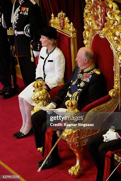 Queen Sonja of Norway and King Harald V of Norway attend the opening of the 156th Stortinget at Storting on October 3, 2011 in Oslo, Norway.