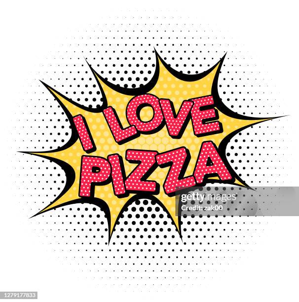 ich liebe pizza text im comic-stil - rülpsen stock-grafiken, -clipart, -cartoons und -symbole