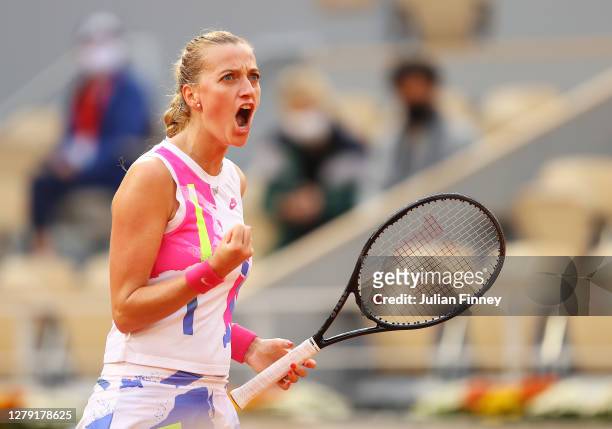 Petra Kvitova of Czech Republic celebrates after winning a point during her Women's Singles semifinals match against Sofia Kenin of The United States...